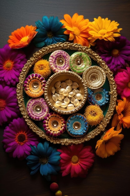 Diwali diyas arrangement with colorful rangoli created with generative ai