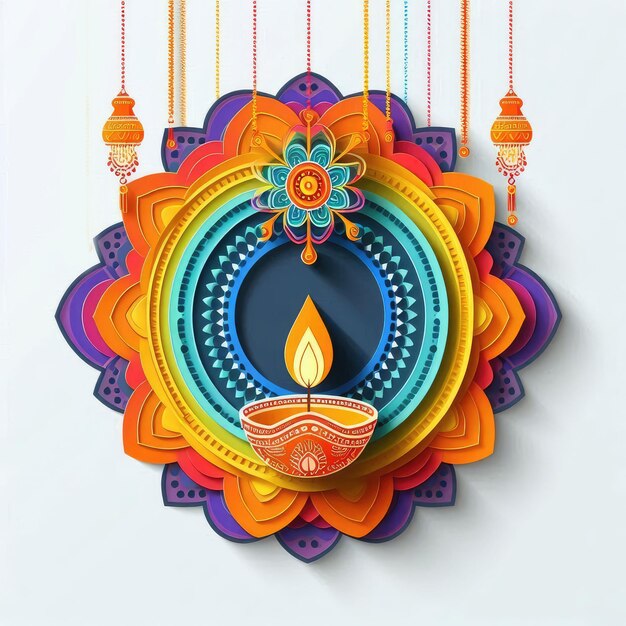 Diwali Festival Design with Paper Crafting Rangoli and Hanging Diya