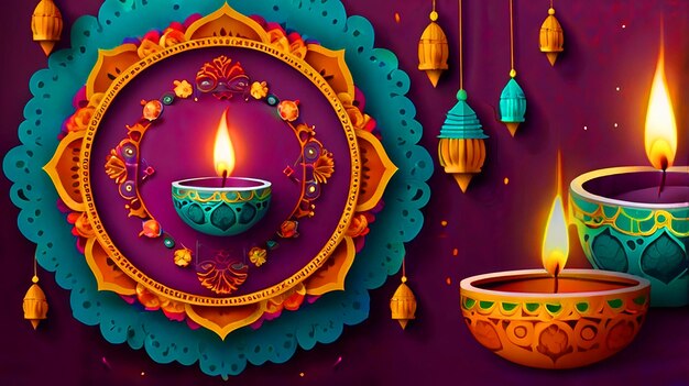 Photo diwali festival holiday design with paper cut style of indian rangoli and hanging diya