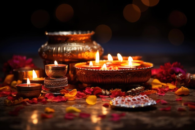 Diwali festival of lights celebration Diya oil lamps with burning candles on dark background