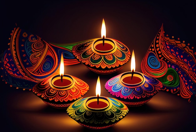 Diwali the festival of lights colorful lanterns with candlelight in the dark background Holiday and culture concept Generative AI