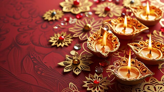 Diwali the festival of lights india with gold diya patterned and crystals on paper color Background