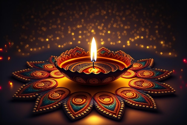 Diwali festival of lights lamp on street at cozy night digital illustration painting