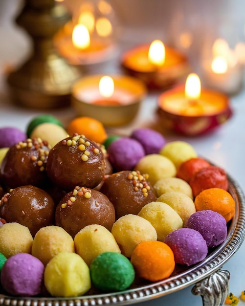 Photo diwali festival sweets and diyas indian culture religious festivities sweet offerings candlelit