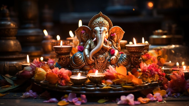 Diwali Ganesha the sacred sound Om lotus flowers