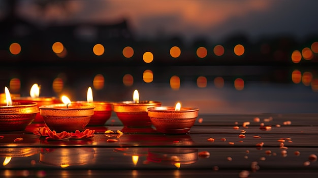 Diwali holiday template festive background with lanterns and candles on dark