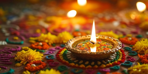 Diwali is an Indian holiday celebrated with oil lamps lighted on vibrant rangoli Hindu traditional