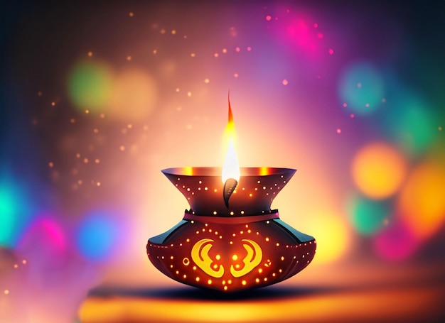 Diwali lamp with lights inside and Booker effect with colorful smoke