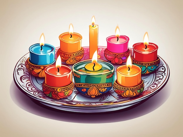 Diwali lighting candle plate illustration on white background