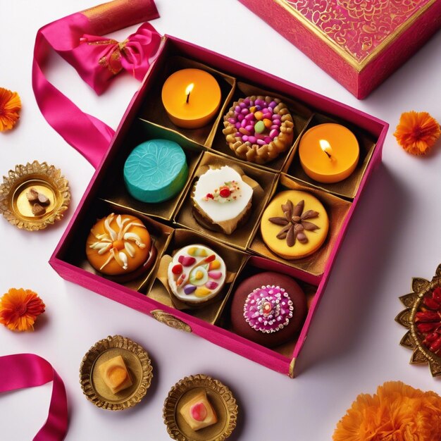 Photo diwali sweets and treats beautifully arranged in a decorative box on a clean white background