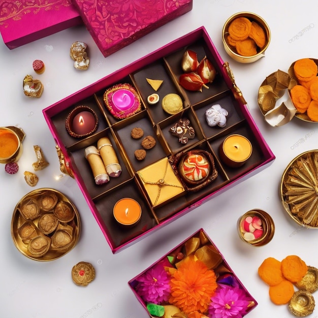 Photo diwali sweets and treats beautifully arranged in a decorative box on a clean white background