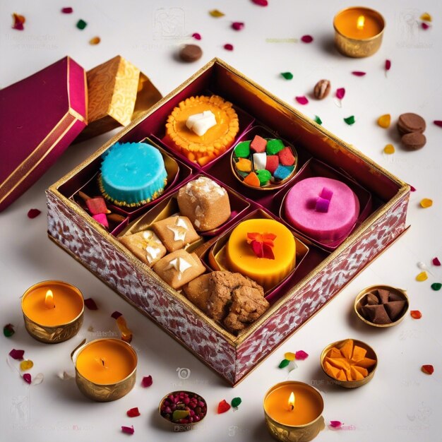 Photo diwali sweets and treats beautifully arranged in a decorative box on a clean white background