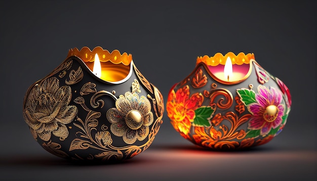 Diwali traditional oil lamps with flower decorations