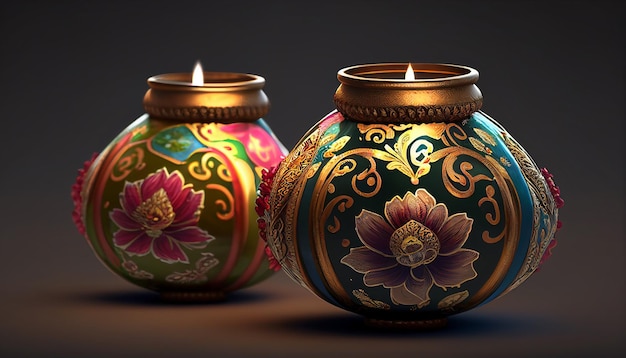 Diwali traditional oil lamps with flower decorations