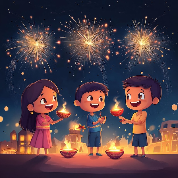 Diwali Wishes with Kids Enjoying Firework