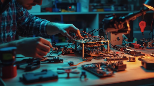 DIY Drone Assembly on a Workbench Filled with Electronic Parts and Tools for Hobby Engineering