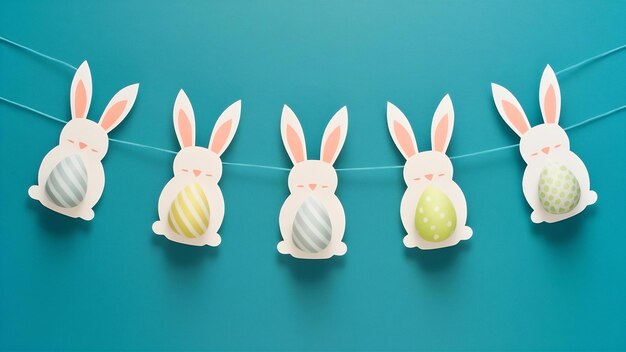 Diy easter garland bunnies made paper blue background