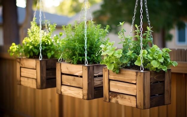 DIY Garden Project with Wooden Planter Boxes and Hanging Plants