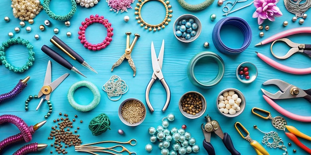 Photo diy jewelry making tools and supplies on blue cyan background