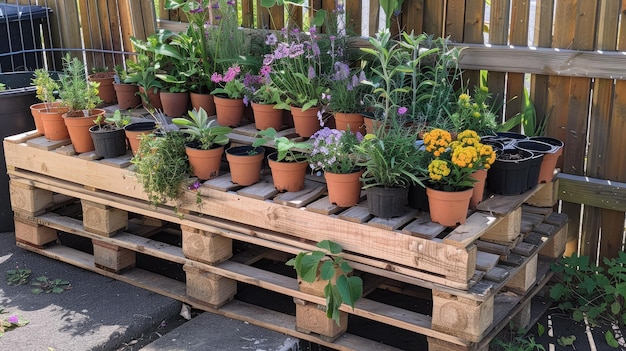 A DIY pallet garden with flower pots of various herbs and flowers