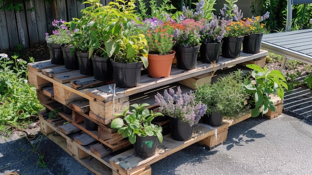 A DIY pallet garden with flower pots of various herbs and flowers