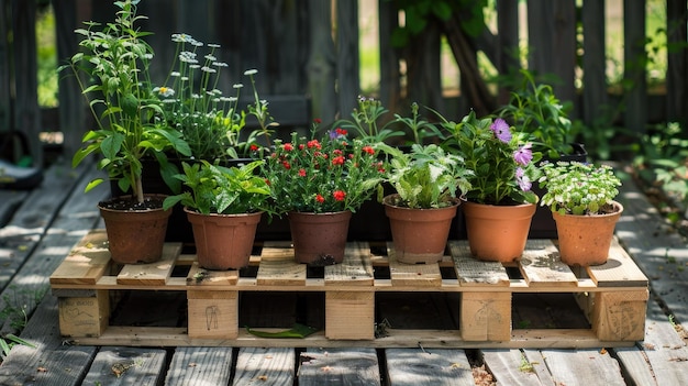 A DIY pallet garden with flower pots of various herbs and flowers