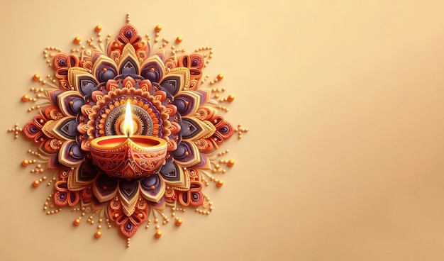 Diya oil lamp on a colorful Rangoli design Celebrating happy Diwali the Hindu festival of lights