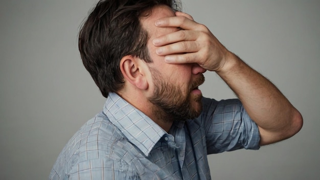 Photo dizzy man holding head experiencing discomfort