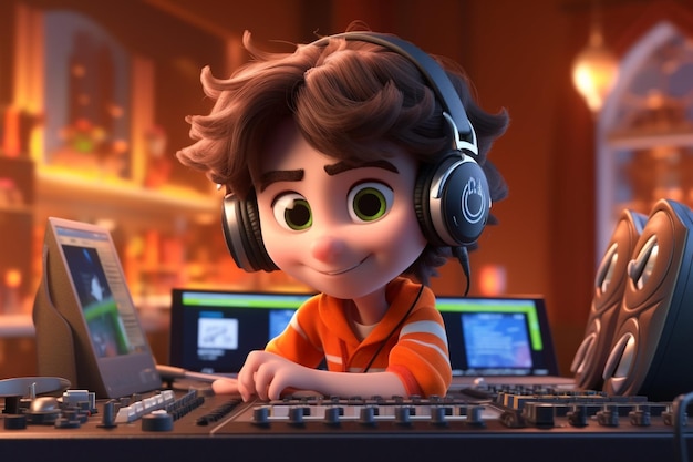 DJ Cartoon kid with headphones and turntables Generative AI