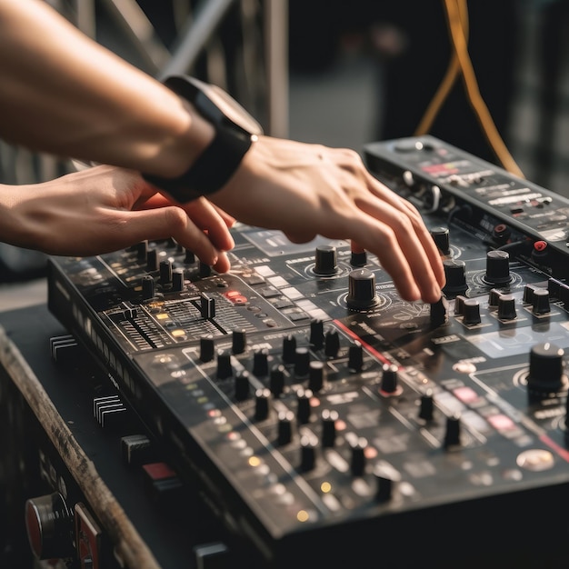 Dj close up of hands creating and regulating music on DJ mixer