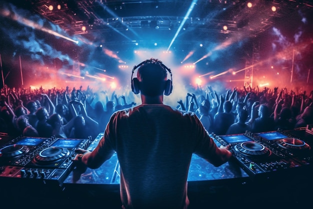 Dj at a club with a crowd of people in the background