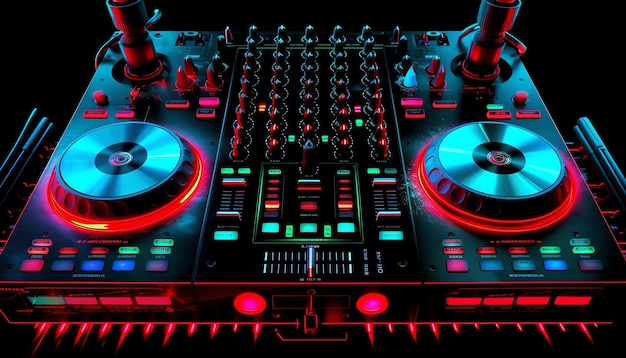 A dj deck with red lights and a dj's equipment