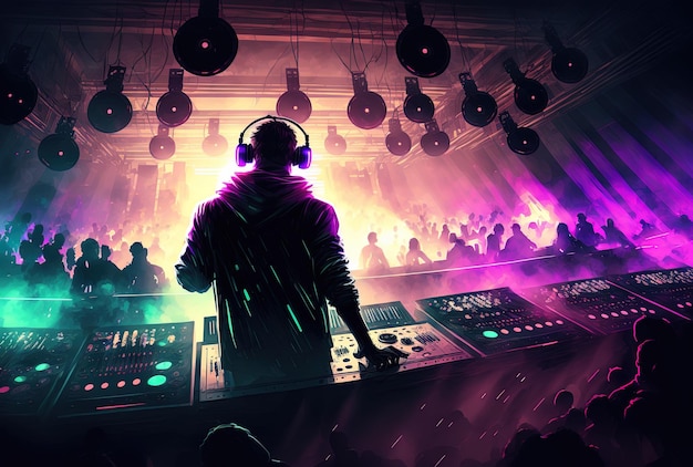 DJ entertainment at a party nightclub including edm dance music players and lights