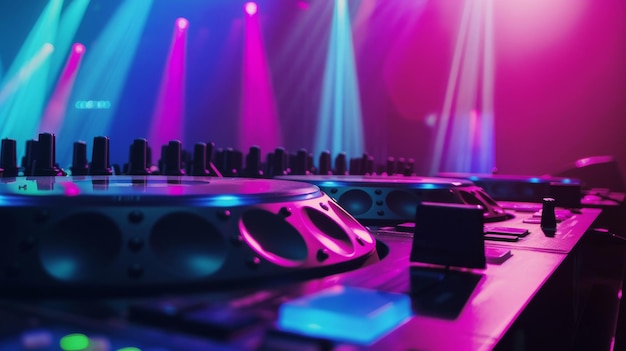 DJ equipment bathed in vibrant neon lights setting the stage for an electrifying music performance