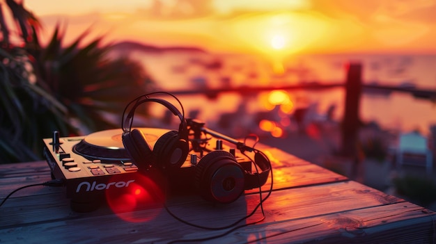 Photo dj equipment on a rooftop with sunset view concept nightlife music scene digital art