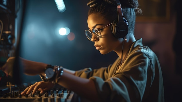 DJ Female AfricanAmerican Young Adult Playing music at a nightclub or other event using DJ equipment Generative AI AIG22