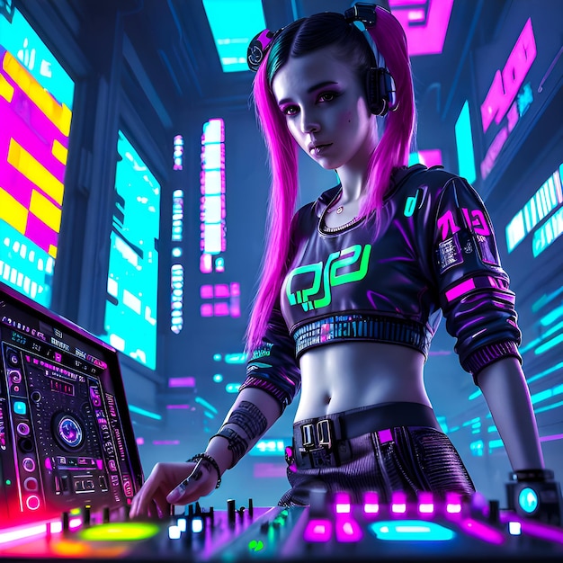 DJ girl in cyberpunk style