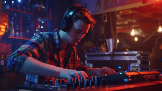 a dj is mixing music in a club with dj equipment