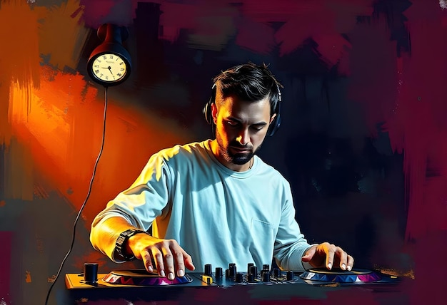 Photo a dj is playing music in front of a clock