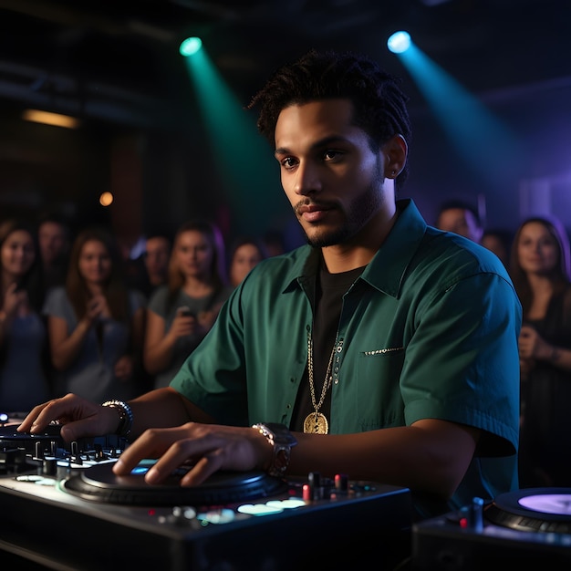 a dj is playing music in front of a crowd of people