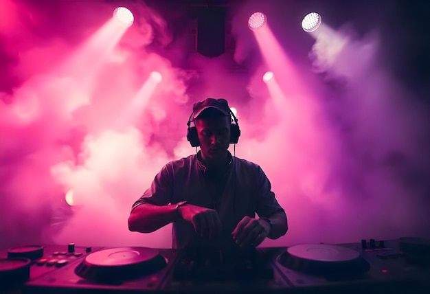 a dj is sitting in front of a pink stage with a purple light behind him