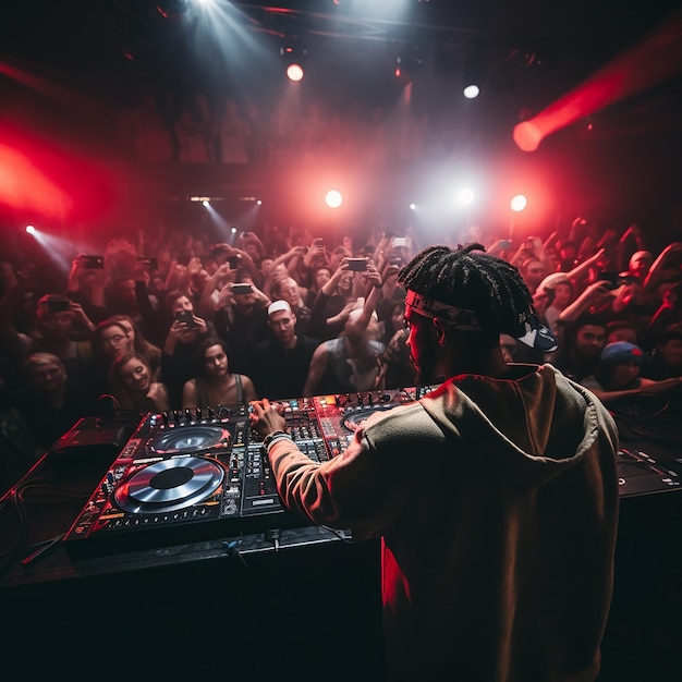 a dj is standing in front of a crowd of people.