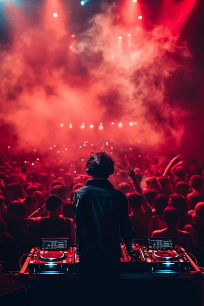 a dj is standing in front of a crowd with a dj set up in the background