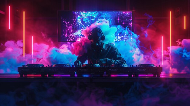 Dj Male In Action With Colorful Smoke