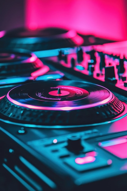 Photo dj mixer turntable closeup in neon pink and blue lights