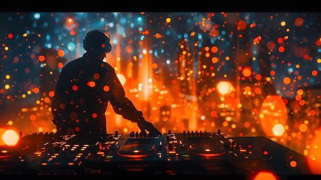 Photo dj mixing music in a cityscape of lights