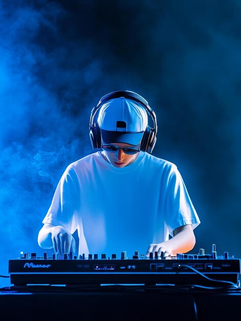 Photo a dj mixing music on a professional mixer in a studio setting illuminated by colorful dynamic