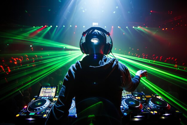 Photo dj mixing music at a vibrant nightclub with laser lights