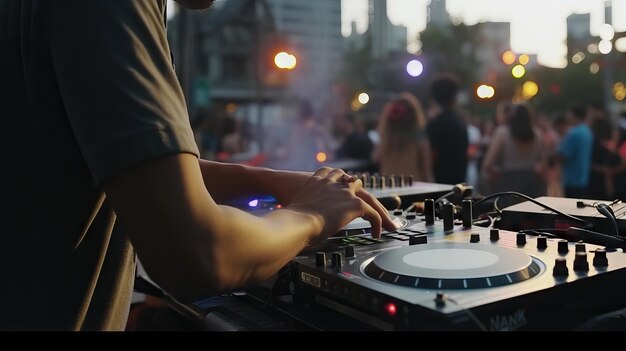 DJ mixing and scratching music at a concert DJ hands controlling a music table in a night club