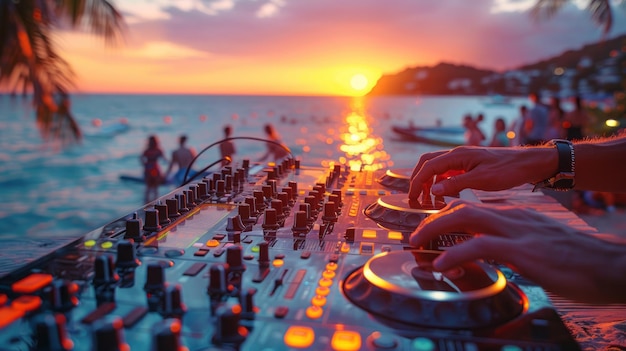 Dj mixing at sunset beach party in summer vacation outdoor Disc jockey hands playing music